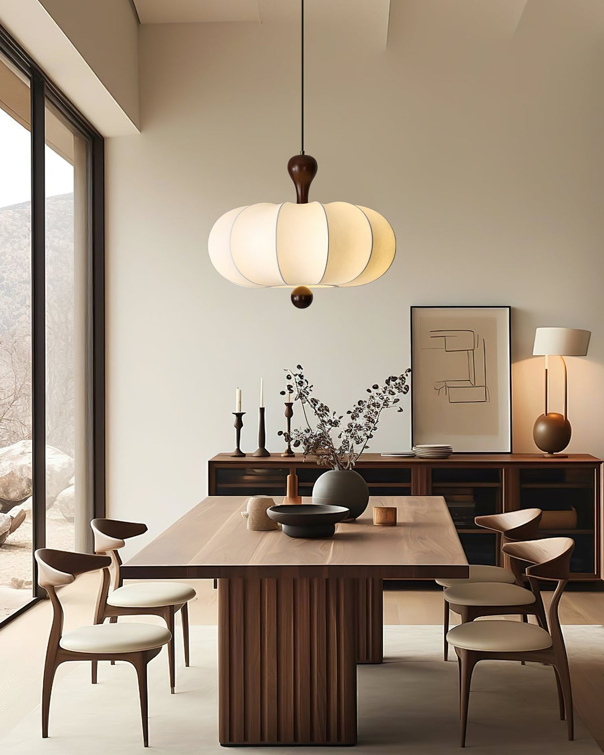 Miora - Hanglamp met Walnoot Detail en Stoffen Kap