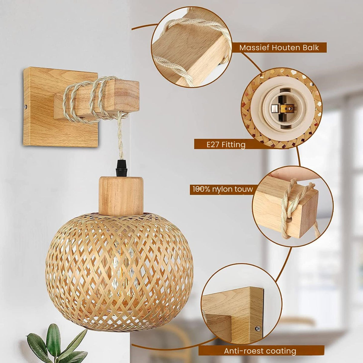 Nima - Ronde Handgeweven Bamboe Wandlamp Boho