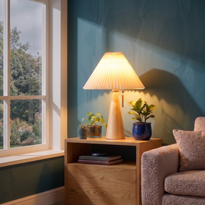 Nura – Houten Tafellamp met Geplooide Kap