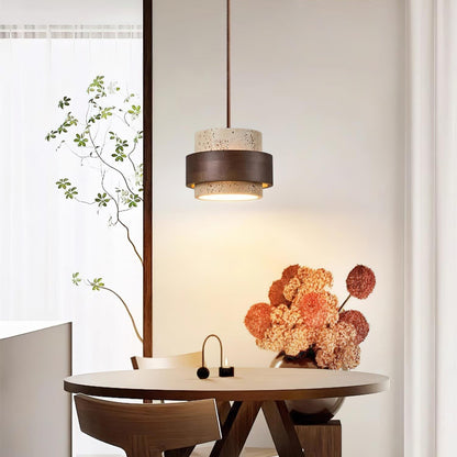 Torva - Travertijnen Hanglamp met Walnoot Japandi Stijl