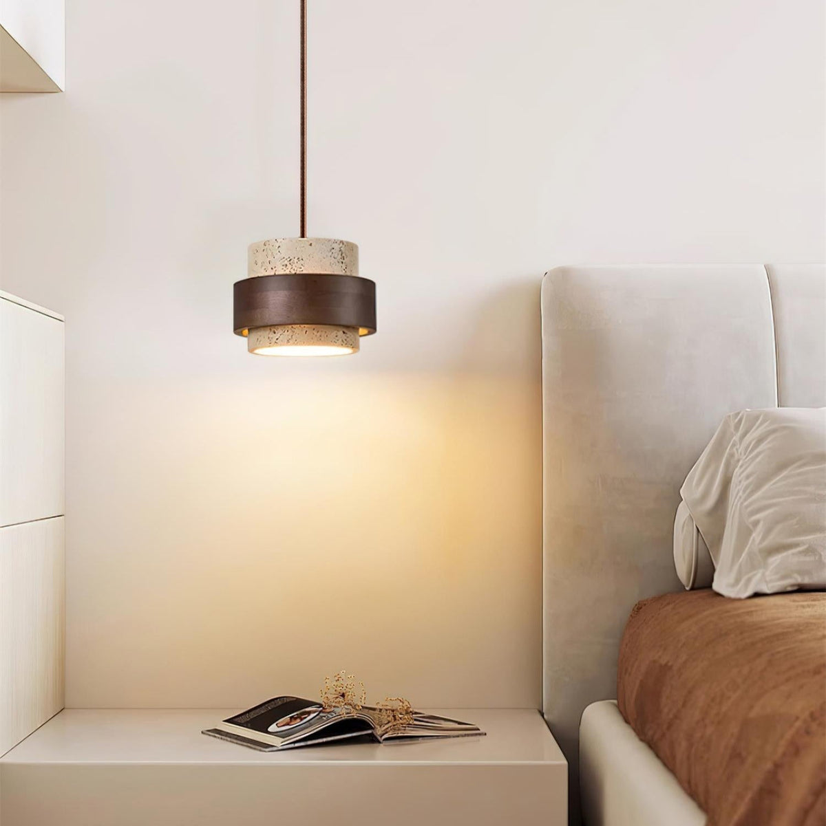 Torva - Travertijnen Hanglamp met Walnoot Japandi Stijl