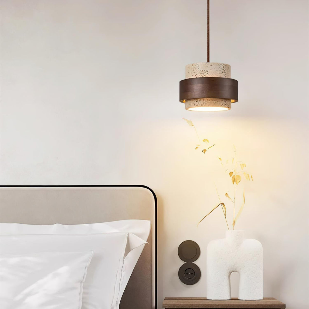 Torva - Travertijnen Hanglamp met Walnoot Japandi Stijl