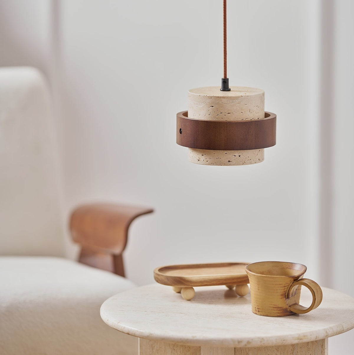 Torva - Travertijnen Hanglamp met Walnoot Japandi Stijl