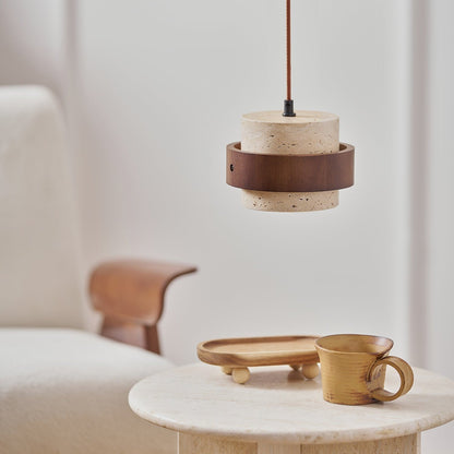 Torva - Travertijnen Hanglamp met Walnoot Japandi Stijl