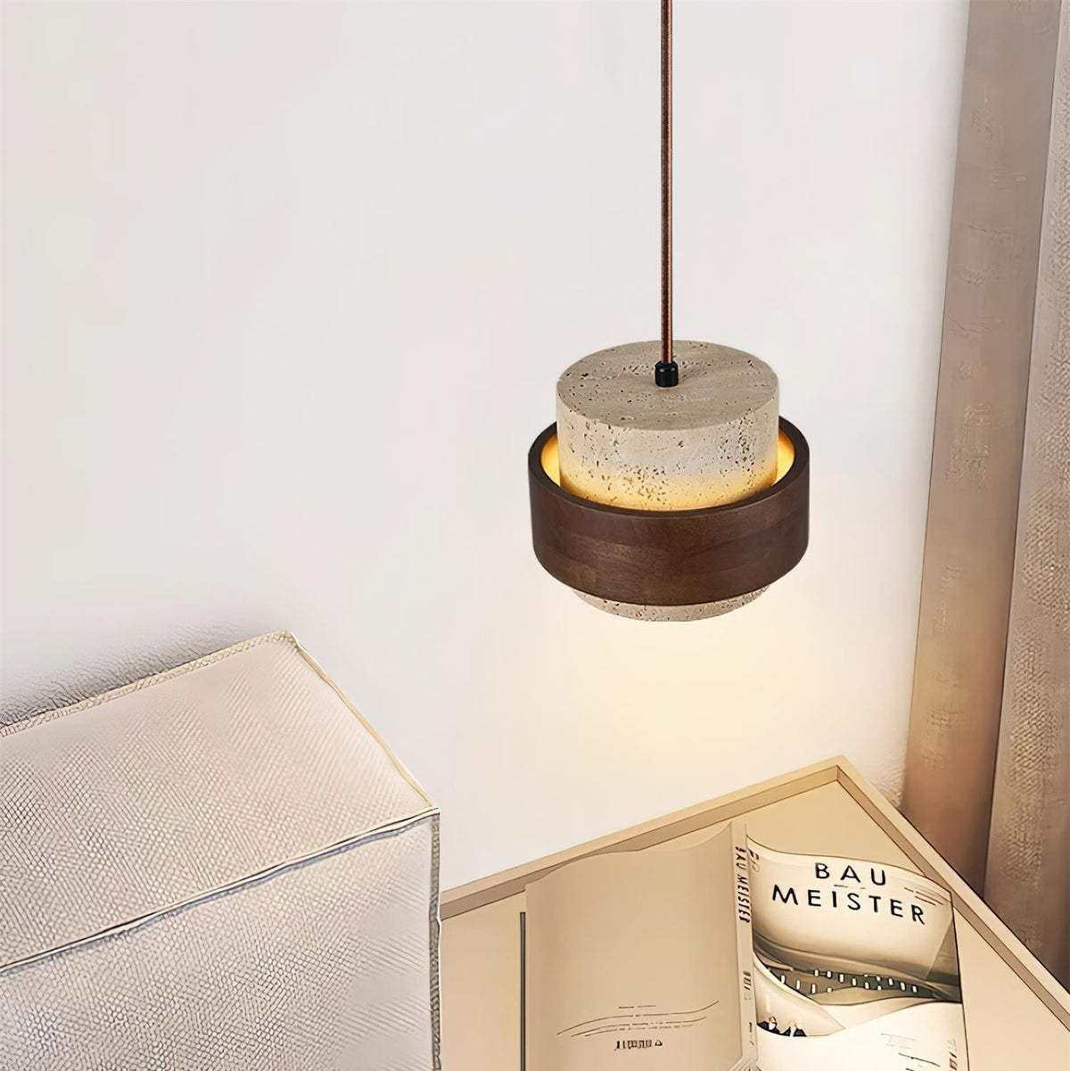Torva - Travertijnen Hanglamp met Walnoot Japandi Stijl