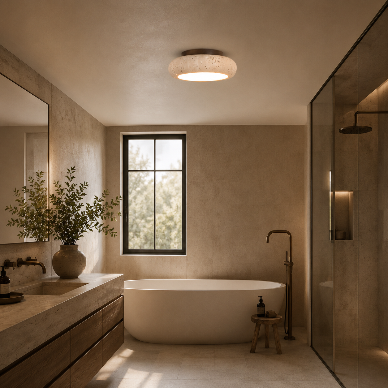 Travo – Ronde Travertijn LED Plafondlamp met Hout