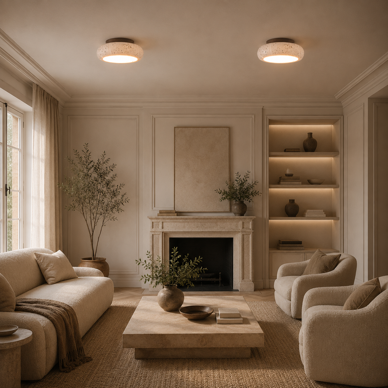 Travo – Ronde Travertijn LED Plafondlamp met Hout