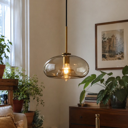 Vaska - Ovale Glazen Hanglamp Cognac Vintage