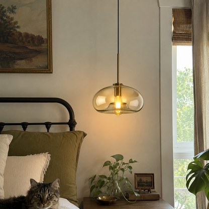 Vaska - Ovale Glazen Hanglamp Cognac Vintage